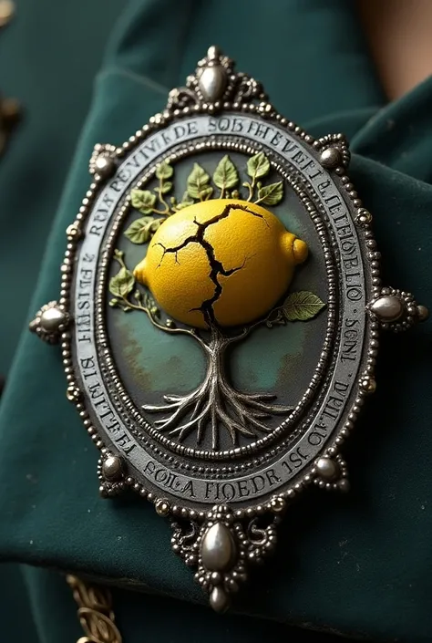 MacEwen clan style brooch with a broken lemon tree in the center, The word "REVIRESCO "  on the bottom and  "sola fides sufficit" At the top.