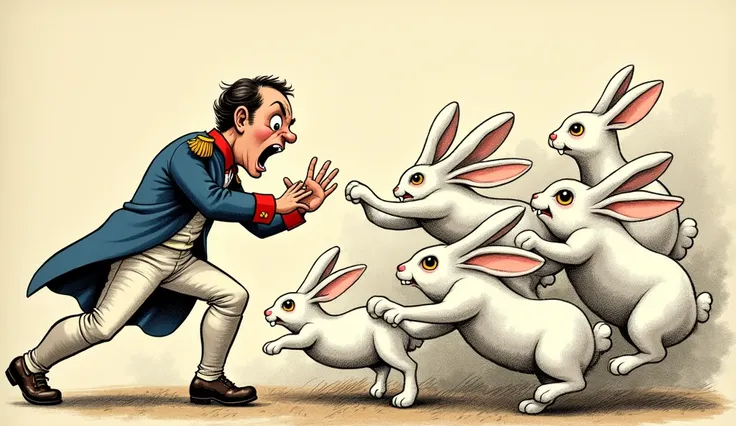 picture of napoleon bonaparte scared face being attacked by a group of white rabbits, comic old drawing art
