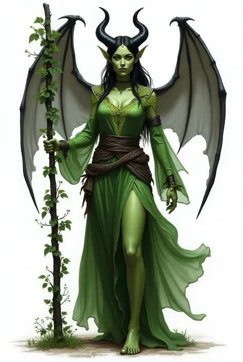 A female Druid tiefling with green skin and gray demon wings with lime green details, with black horns. She is dressed in a green medieval dress and holds a black wooden staff with vines.  Her face is challenging , transmitting strength and determination. ...