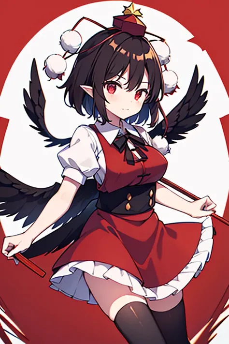 shameimaru_aya_(touhou), red_eyes, black_hair, red_tokin_hat, pom_pom_(clothes), white_collared_shirt, black_ribbon, frilled_black_skirt, black_kneehighs, red_tengu-geta, pointy_ears, wings, hauchiwa, holding, Christmas diner with families loast turkey