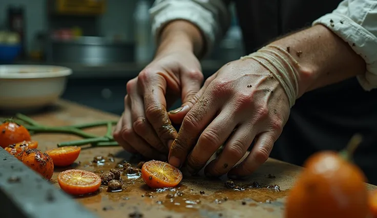 dirty hands: An image of dirty hands handling food or dishes ,  symbolizing poor hygiene when preparing food.