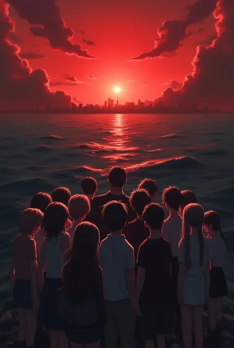  Draw a picture of nine teenagers, four girls and five boys ,  with a title at the top of the image  "ABYSSAL PROJECT : echoes of the future "  where everyone is seeing a view of the sea with a red sky and lots of smoke and in the background a very distant...