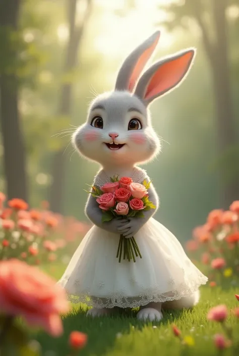 Create the image of a furro male rabbit in a wedding dress and with a bouquet of roses and blushes and with buttocks  