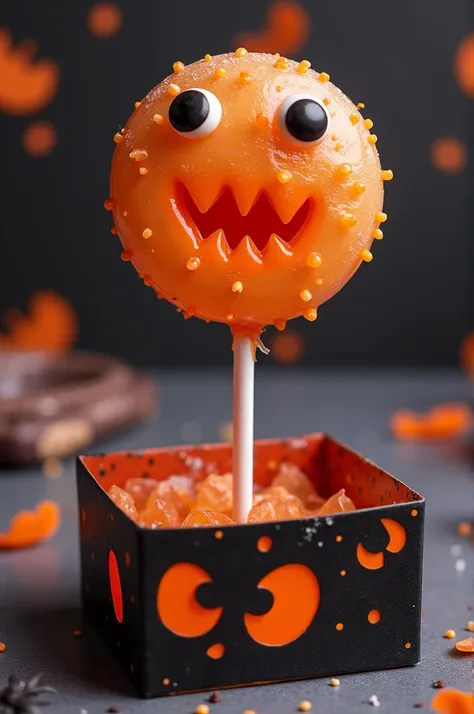 A Helloween-themed cake lollipop ,  with an individual package with a design that refers to Halloween.  A themed box that highlights the lollipop in a visually appealing presentation, like a box with windows shaped like eyes .