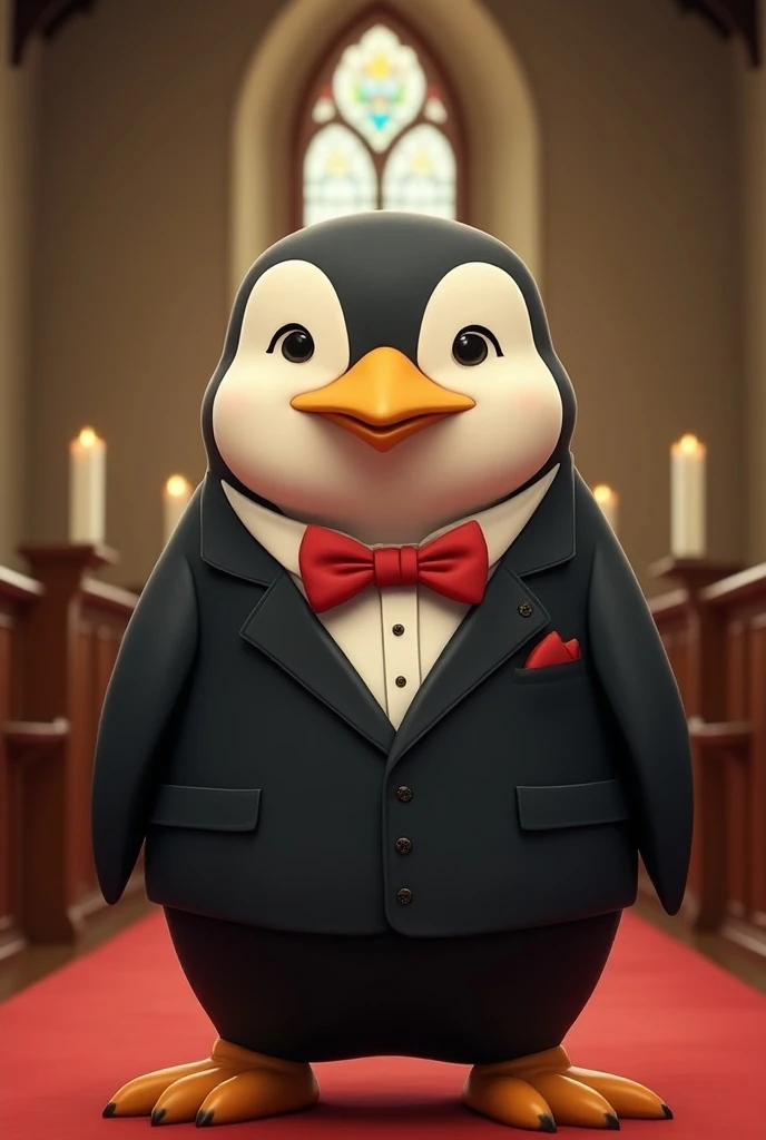 Penguin , wedding background, red bow, cartoon, hansome, church, black suit, cute , black suit 