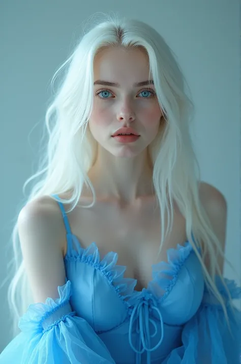 An 8K image of a woman wearing a blue dress and white hair and looks like a 21-year-old woman