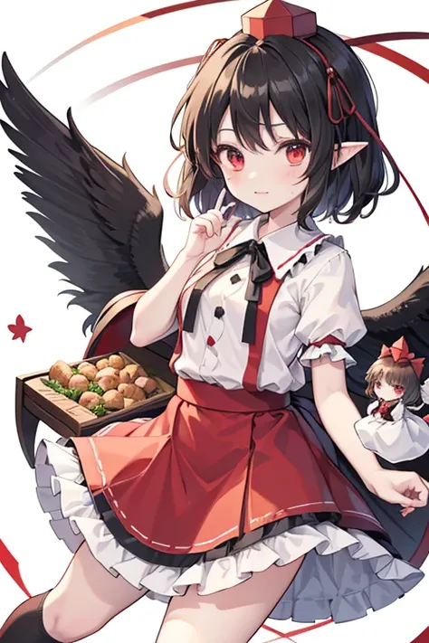 shameimaru_aya_(touhou), red_eyes, black_hair, red_tokin_hat, pom_pom_(clothes), white_collared_shirt, black_ribbon, frilled_black_skirt, black_kneehighs, red_tengu-geta, pointy_ears, wings, hauchiwa, holding, christmas_dinner_with_family, roasted_turkey, ...