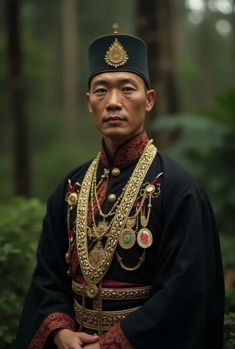 Super realistic,ultra Hd,realism ,cinematic,natural 
An indonesian handsome Man,javanes monarch posing for a portrait, Medals, ribbons.
wearing " black gold kap" inspired by Kerajaan Majapahit,  photo of a Javanes man, 1890 photo, 1 8 8 0 s photograph, ins...