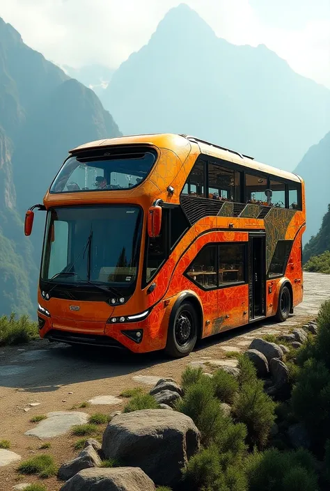 I want a double-decker bus restaurant, aggressive 4-axis design, futuristic design and painting inspired by the Peruvian Andes
