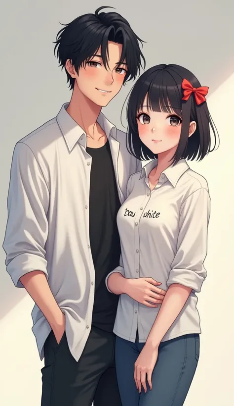 Anime images, 4K,man,Age 30,Black hair,Wear a white shirt,Black inner shirt,Handsome Korean face,The background is light grey-black.,,Cute smile ,, hand, trouser pocket,The shirt is written with the word WHITE ,Anime images, 4K,woman,Age 26,Black hair,Wear...