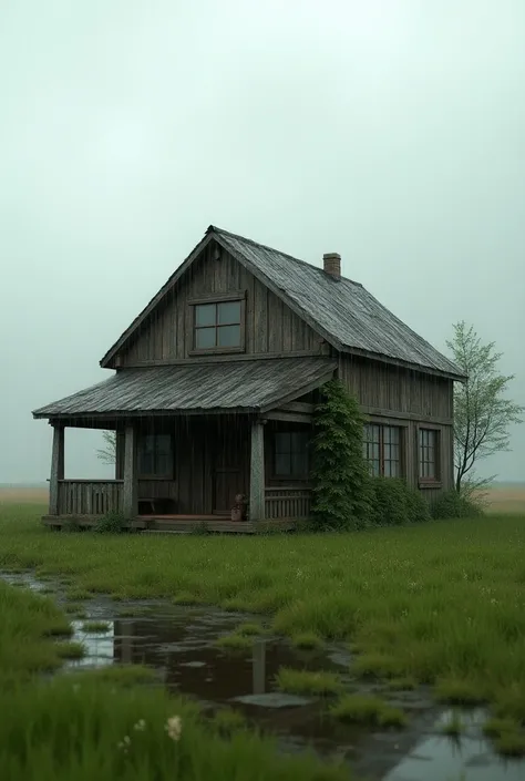 Super realistic house made of wood in a raining field