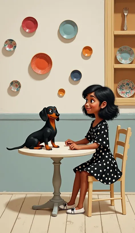 Disney Pixar , Wall of plates , round table , Mixed race girl dressed in black with white polka dots wavy hair with black daschround dog on her lap 