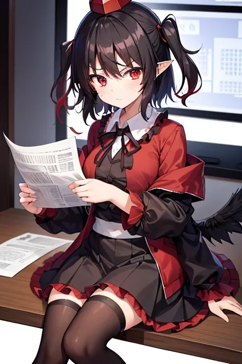 shameimaru_aya_(touhou), red_eyes, black_hair, red_tokin_hat, pom_pom_(clothes), white_collared_shirt, black_ribbon, frilled_black_skirt, black_kneehighs, red_tengu-geta, pointy_ears, wings, hauchiwa, holding, <lora, (chibi, angry face, shedding tears, JS_...