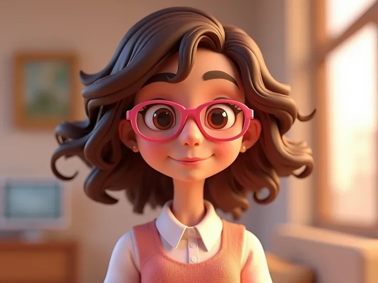  Cartoon character of a woman wearing pink glasses,  extra light brown curly hair and fucia blouse , animation character, stylized character,  animation rendering style , Stylized 3D,  Representation of a schoolgirl , Render Stylized 3D,  Cartoon rendering...