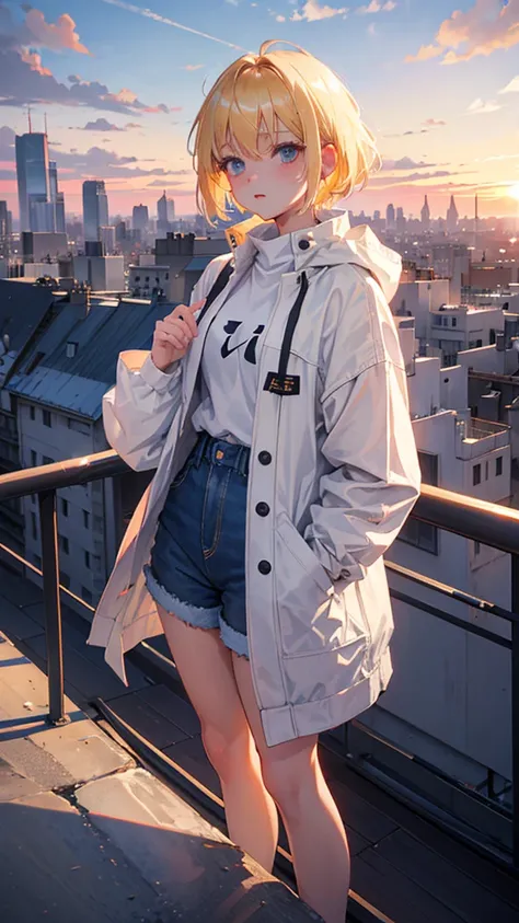 anime girl; blonde hair, short hair; in the top of a building observing the city; she is wearing a big white sweatcoat; denim shorts; scene is a big city, she is looking the city below; scene is sunset at background, a lot of clouds