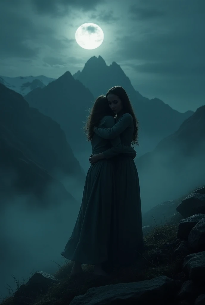 A daughter is hugging her mother but her mother is wanting to escape from her at the midnight on a creepy mountain.