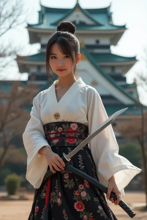 Japanese beauty, 20 years old，Slim and cute、The side of the chest is raised.、Eye slits、I can see from head to toe.，The chest is very large.、The background is a Japanese castle.、High quality photos、clear, Sharp lower body image、Masterpiece 8K、smile、Kunoichi...