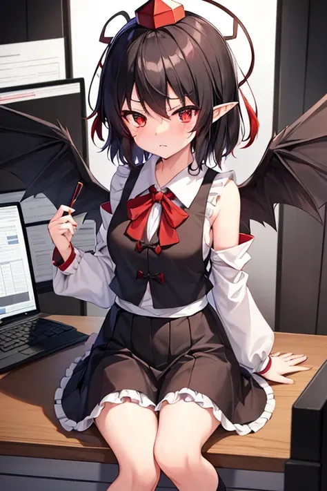 shameimaru_aya_(touhou), red_eyes, black_hair, red_tokin_hat, pom_pom_(clothes), white_collared_shirt, black_ribbon, frilled_black_skirt, black_kneehighs, red_tengu-geta, pointy_ears, wings, hauchiwa, holding, <lora, (chibi, angry face, shedding tears, JS_...