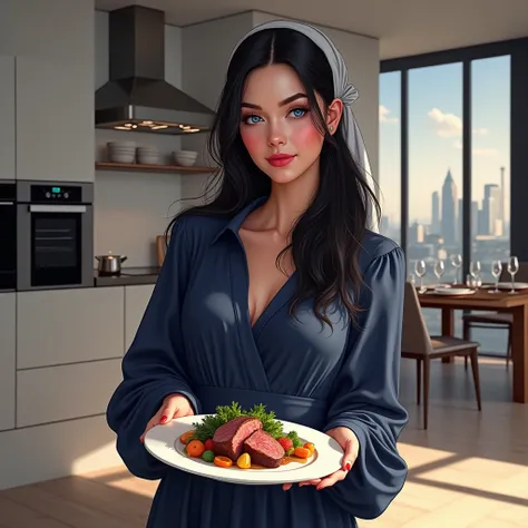 Realistic illustration, A young woman with European features, long black hair, blue eyes, pink lips,  blushed cheeks , wearing a cute navy blue dress with long sleeves , serving a plate of steak with gourmet vegetables in a modern kitchen of a large pentho...