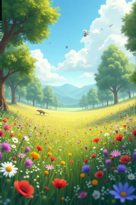 A scent in a flowery field with trees and birds