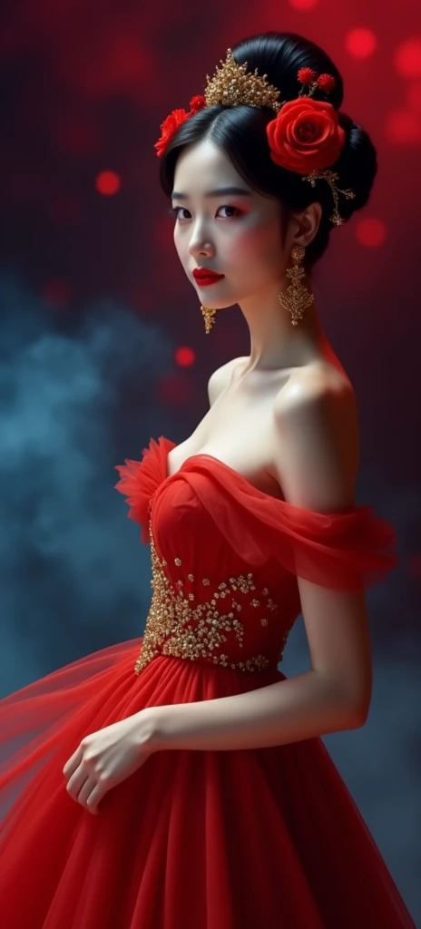 Create a vibrant scene featuring a woman resembling Jessica Jung, dressed in a luxurious off-the-shoulder red gown adorned with delicate gold floral details. The gown flows gracefully, cinched at the waist with an ornate gold belt. Her hair is styled in a ...