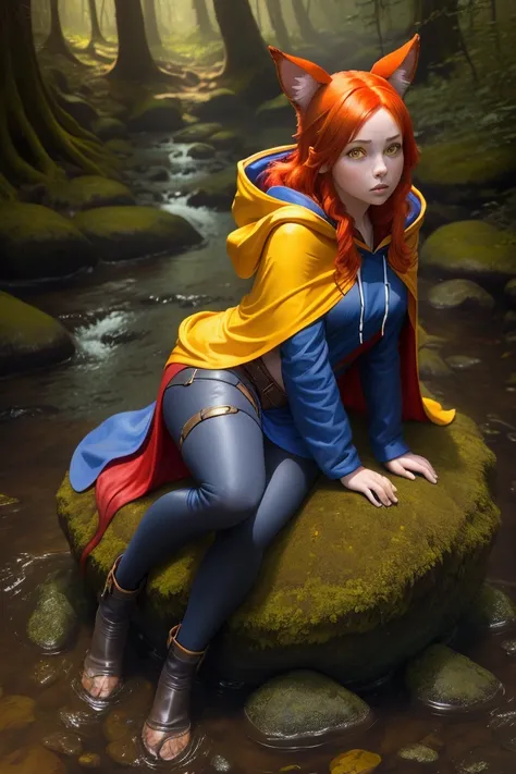 8k, best quality, (photorealistic:1.4), raw photo, 1girl, red hair, animal ears, blue hooded cape, ears sticking out, pose: sitting on a rock in a forest river, yellow eyes,  -