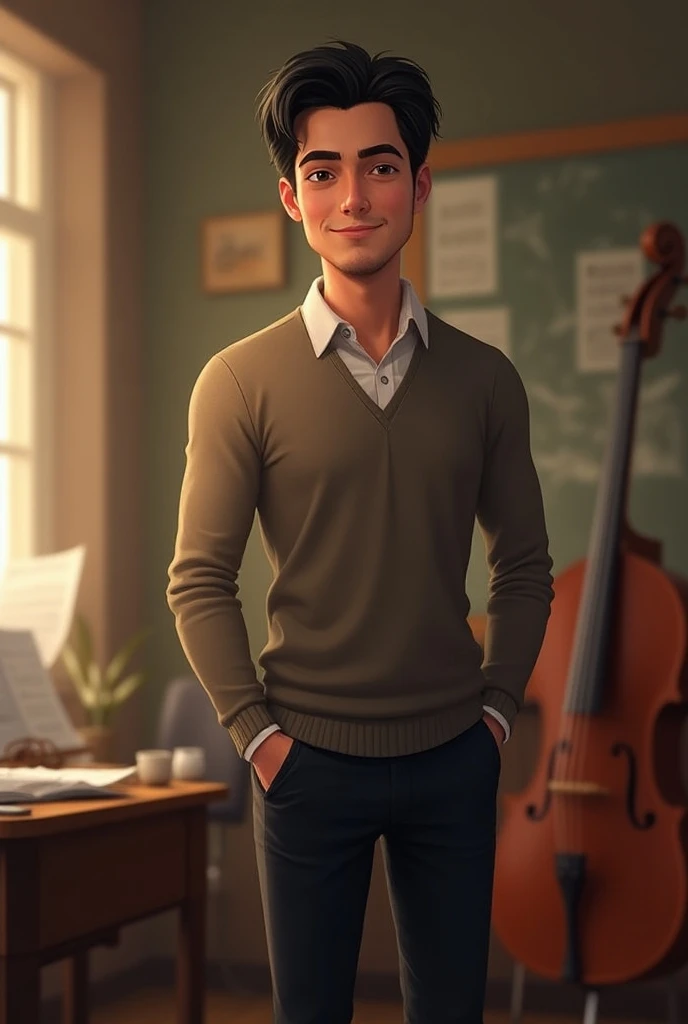 Male music teacher with medium brown skin with semi-wavy black hair without mustaches