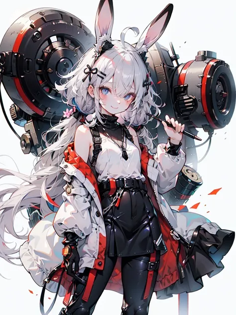 Bunny ears, Mechanic, Machine body,, ultra Get used to it, masterpiece, Best Quality, beautiful, Get used to it,, Alone, smile, 1 girl, Light blue eyes,  Black Hair ,  low ponytail, Ahoge, Abnormally Long Hair, very Long Hair, Hair flap,  Hair between the ...