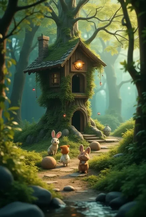 Need 3D animation style"Mystery in the Forest:** rabbit and friends discover strange footprints leading to an abandoned treehouse. What secrets does it hold?