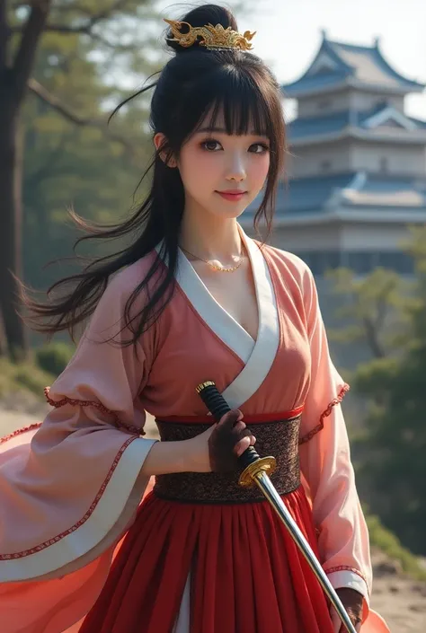 Japanese beauty, 20 years old，Slim and cute、The side of the chest is raised.、Eye slits、I can see from head to toe.，The chest is very large.、The background is a Japanese castle.、High quality photos、clear, Sharp lower body image、Masterpiece 8K、smile、Kunoichi...