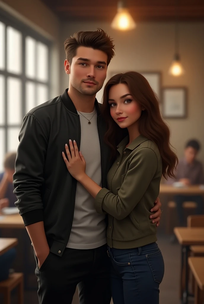 photorealism 1. 4 Realism High Definition Detailed Create for me a couple, 28 year old slightly chubby man brushed sideways,  in the photo with black pants and jacket ,  on the side a 23-year-old woman wavy brown hair . 

 looking at the camera 
