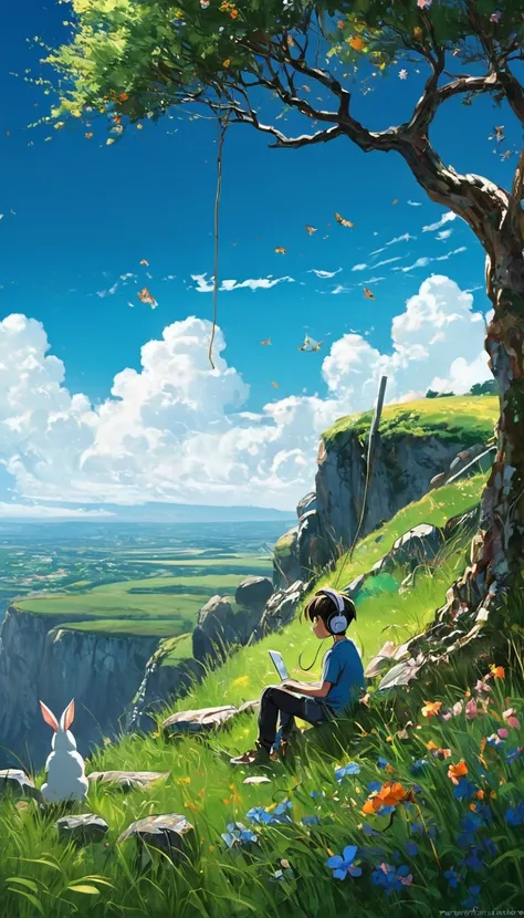 a boy sitting under a tree near a cliff in a meadow , seeing a vast blue sky with fluffy clouds and brush strokes , tall grasses stones, , makoto shinkai cyril rolando, anime art wallpaper 4k, anime art wallpaper 4k, animated background, anime art wallpape...