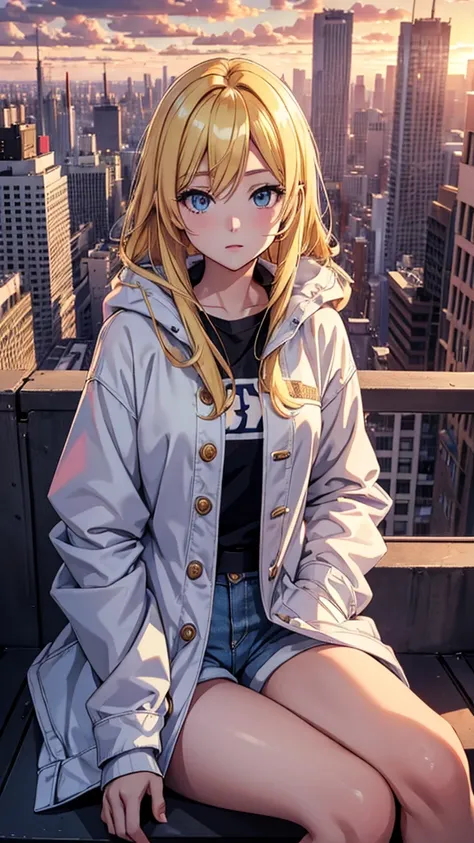 anime girl; blonde hair, lovely face; playing the piano; in the top of a building observing the city; she is wearing a big white sweatcoat; denim shorts; scene is a big city, she is looking the city below; scene is sunset at background, a lot of clouds; ma...