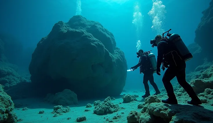  A vibrant scene of divers and scientists surrounding a large submerged formation,  with high-tech equipment analyzing the area .  The faces of the divers express fascination and concentration ,  while lights from their equipment illuminate details hidden ...