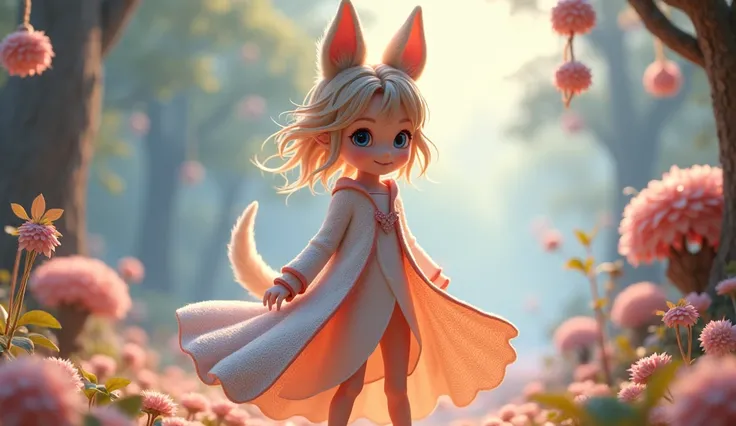 girl, based on animals, (3D style), Kingdom Hearts, light and warm knits, cold and cheerful colors, dress with slits on the front and sides, large slits on the sides, (very light fabric), perfection in the details, perfect lines, great details, perfection ...