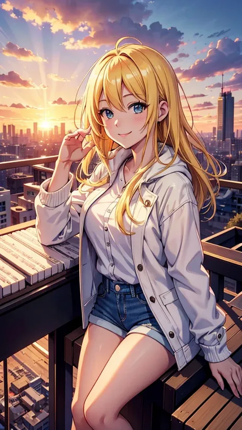 anime girl; blonde hair, lovely face; smiling; playing the piano; in the top of a building observing the city; she is wearing a white sweatcoat; denim shorts; scene is a big city, she is looking the city below; scene is sunset at background, a lot of cloud...