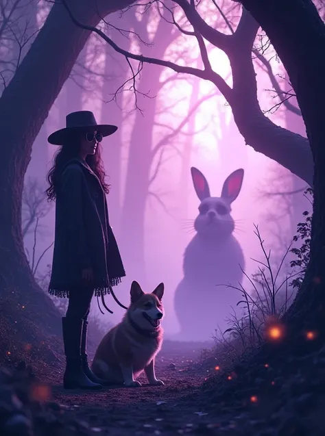 Light purple gradient background with mysterious old big pocket watches scattered 、Deep in the Forest with Mysterious Branches Tangled 、 Alice in Wonderland, a beautiful Western-style woman in sunglasses, a great adventure masterpiece of a cute, smiling co...