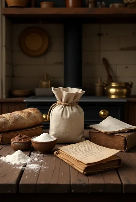 Create an image of a table with bread flour antique kitchen equipment in an old wooden house on top of the wood of the table old cooking books opened around also some old ingredients to make it is Gilded wrapped around a wood stove the bottom and written o...