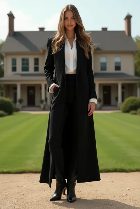 Slim lady with decent clothes  full body with open hairs long suit and long boots with bunglow background full image long suit with black colour above white shirt full image smile on the face and big bunglow background 