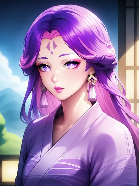 1girl,Looking at viewer,Best Quality, HD,solo,forehead mark,jewelry, long hair, earrings, pink lipstick,yukata,Multicolored Hair,purple hair,pink hair,adult,mother,calm,makeup, Bangs,genshin impac,Straight Hair