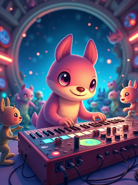 cute Creature Anime character playing a  modular analog synthesizer  during a concert a party rave on a spaceship with creatures from different galaxies dancing and enjoying the music, wild angle, japanese drawing style