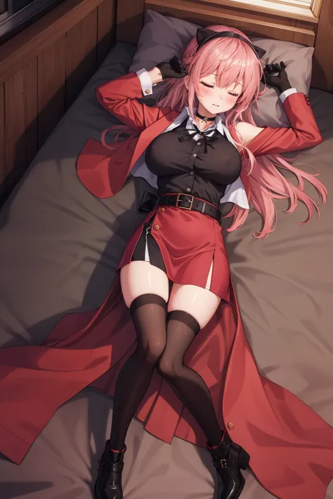 (( masterpiece)),( The best quality ),official art,  Extremely detailed CG ,  8k unit wallpaper ,ultra detailed, room, cabin, by day, 1 girl, Alone, lying in bed,   seen from above , you live(at ATM),neck ribbon,  Eyes closed, Shirt under the dress, hair b...