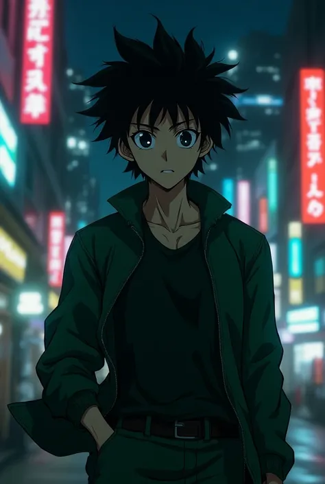  "Crie uma imagem realista de Yusuke Urameshi, the protagonist of Yu Yu Hakusho .  He must have the striking facial features of the anime: messy black hair, Big, expressive eyes, And a slight trace of rebellion in your eyes .  Wear him with his typical gre...