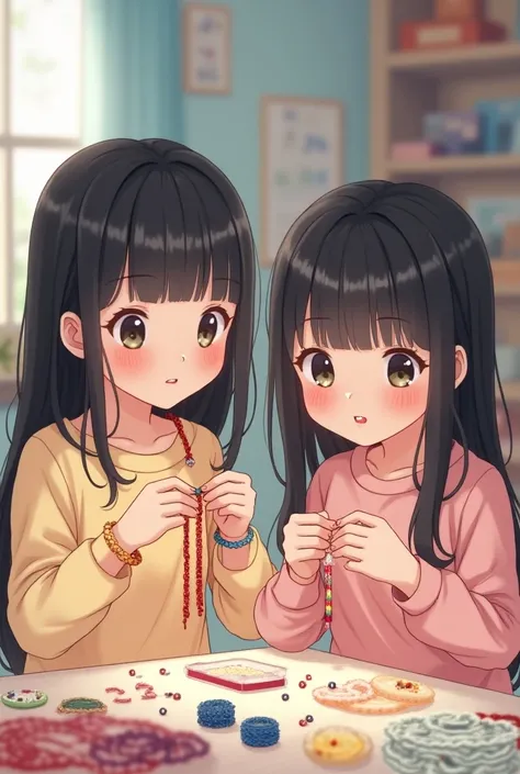 Two cute kawaii version girls with straight black hair making bracelets