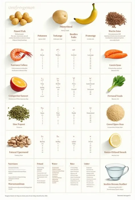 Create a chart with Potatoes, shrimp, salmon, brown rice, pumpkin seeds, and water