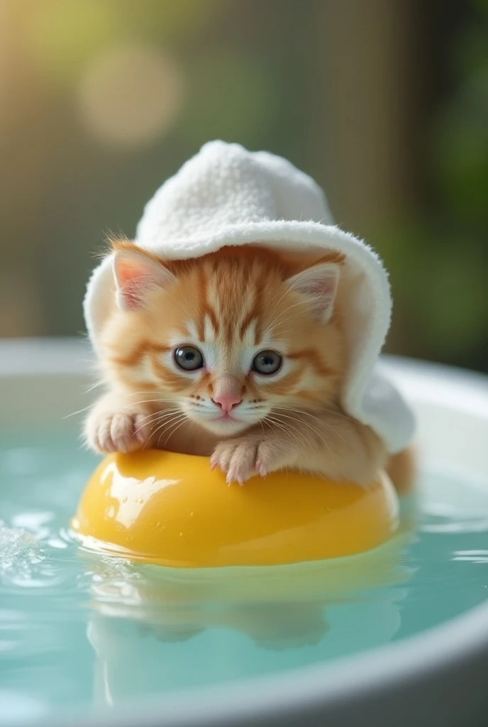  is floating in a hot spring bath on a toy duck。A cute kitten with a washcloth on its head 。Hot Spring Background。