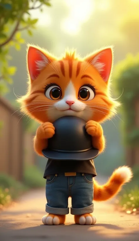 A cute animated cat with fluffy orange fur and large, expressive eyes is standing outdoors in a soft, warmly lit environment. The cat looks surprised and curious, wearing a casual black T-shirt and blue jeans. The highlight of the scene is the cat holding ...