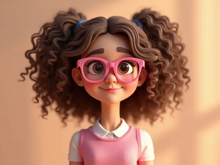  Cartoon character of a woman wearing pink glasses,  extra light brown curly hair and fucia blouse , animation character, stylized character,  animation rendering style , Stylized 3D,  Representation of a schoolgirl , Render Stylized 3D,  Cartoon rendering...