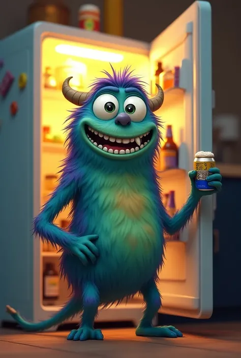 Smiling monster stealing beer from the fridge