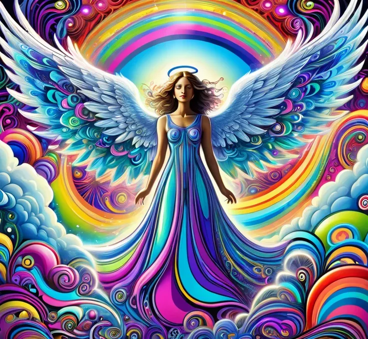 Angel in disguise, cool, psychedelic, hallucination, surreal, magical heavenly realm, hyper color, doodle design, abstract